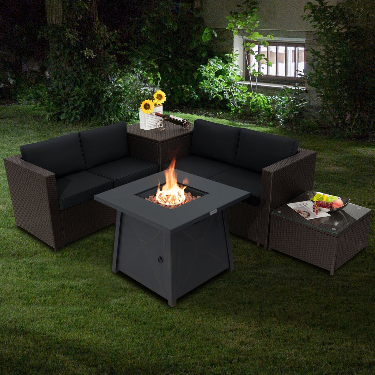 5-Piece Outdoor PE Wicker Loveseat Set with 50,000 BTU Ceramic Fire Pit, Coffee Table & Storage Box