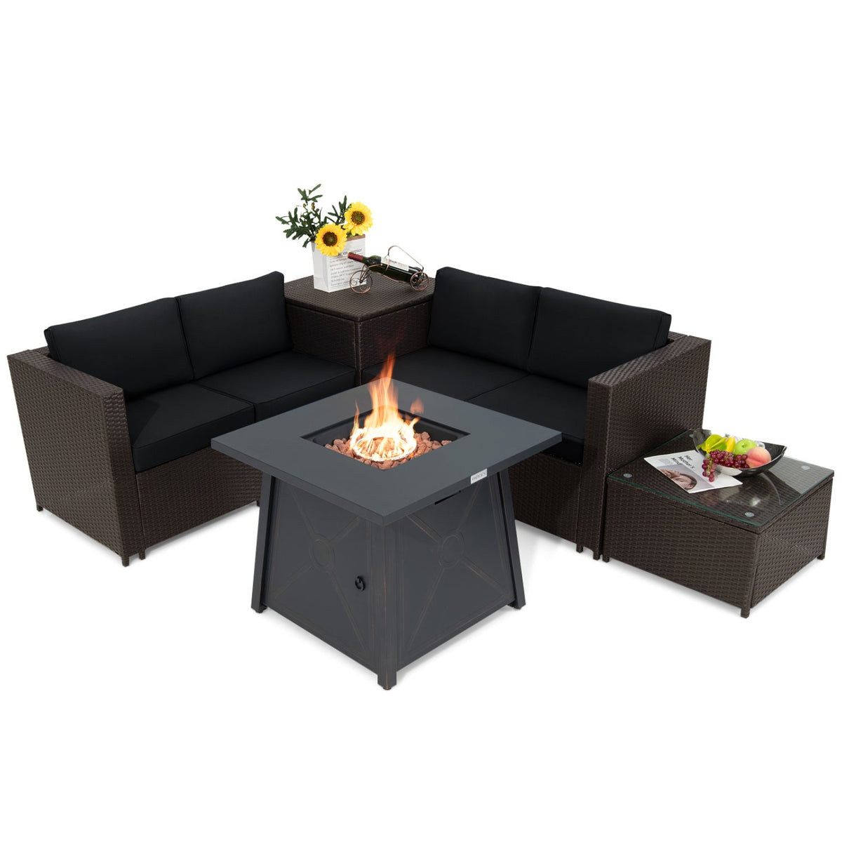 5-Piece Outdoor PE Wicker Loveseat Set with 50,000 BTU Ceramic Fire Pit, Coffee Table & Storage Box