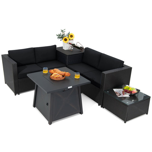 5-Piece Outdoor PE Wicker Loveseat Set with 50,000 BTU Ceramic Fire Pit, Coffee Table & Storage Box