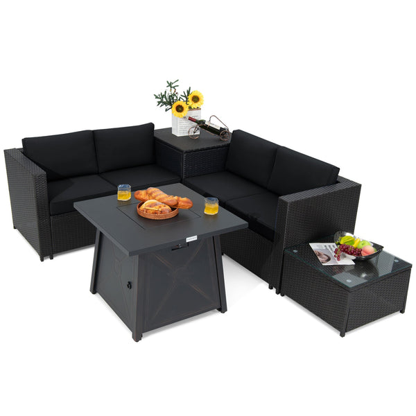5-Piece Outdoor PE Wicker Loveseat Set with 50,000 BTU Ceramic Fire Pit, Coffee Table & Storage Box