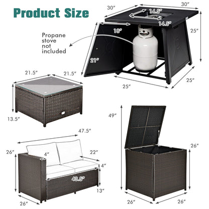 5-Piece Outdoor PE Wicker Loveseat Set with 50,000 BTU Ceramic Fire Pit, Coffee Table & Storage Box