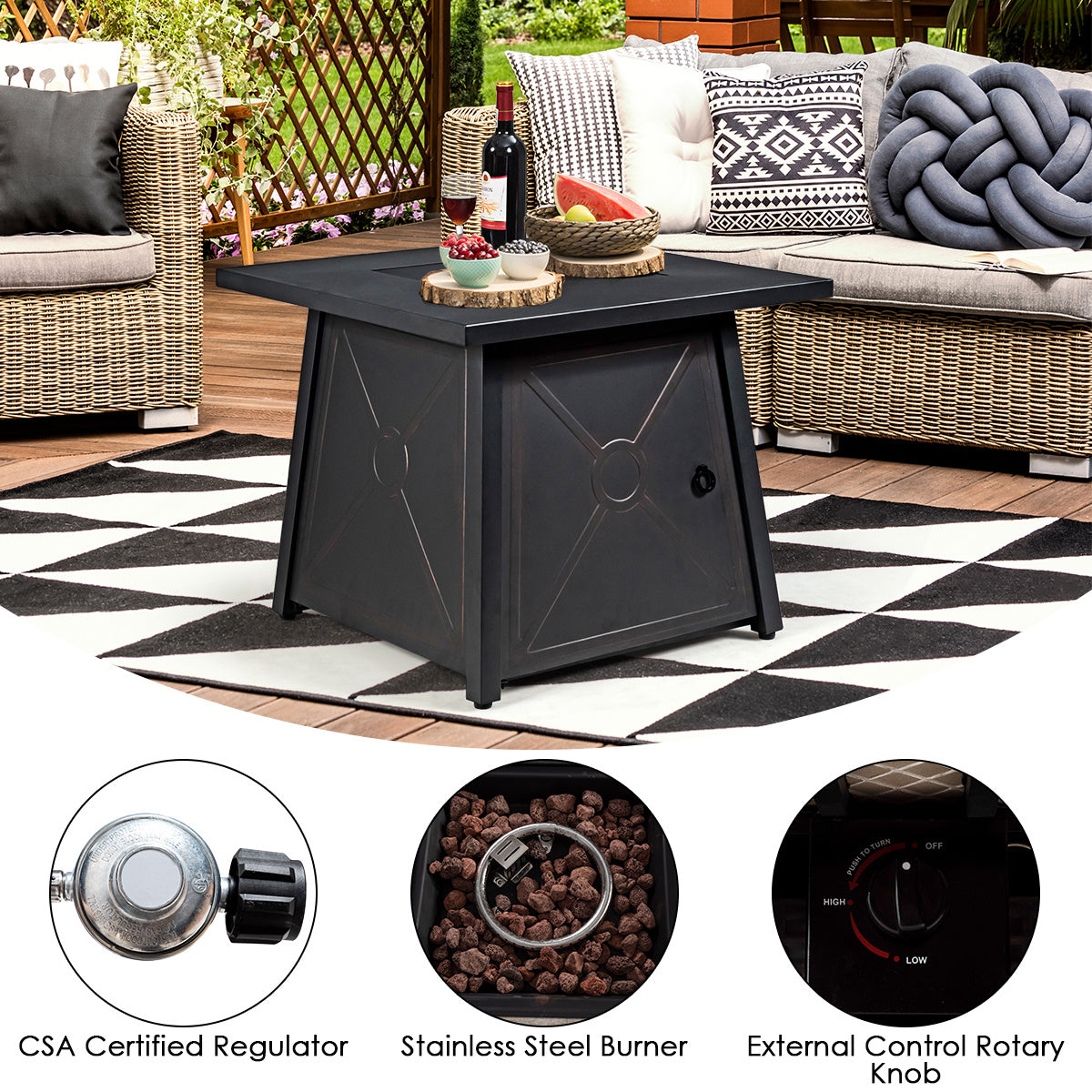 5-Piece Outdoor PE Wicker Loveseat Set with 50,000 BTU Ceramic Fire Pit, Coffee Table & Storage Box