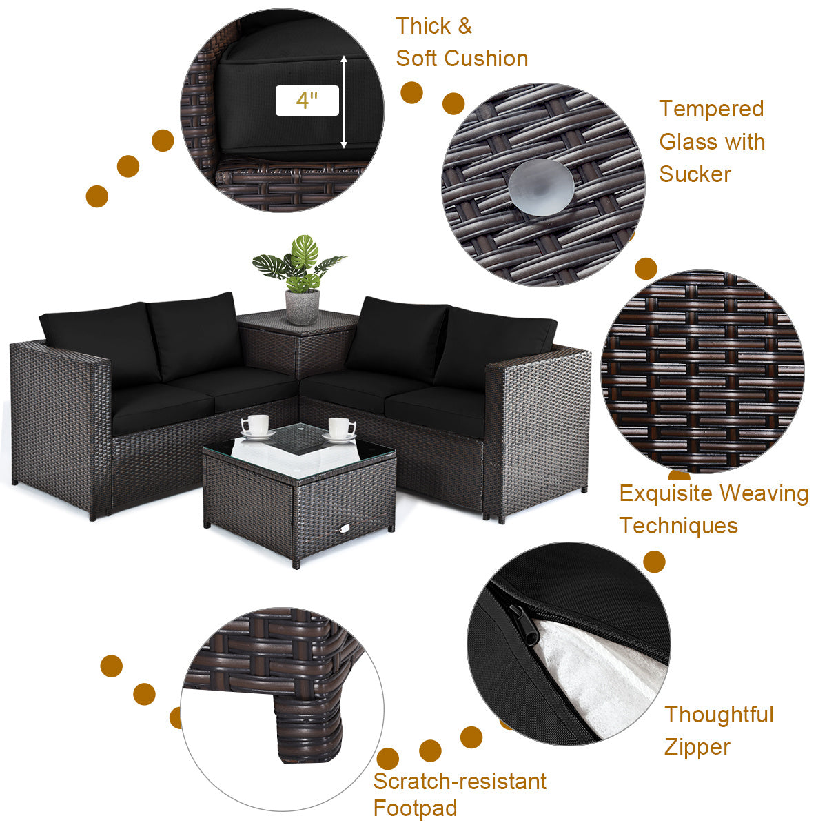 5-Piece Outdoor PE Wicker Loveseat Set with 50,000 BTU Ceramic Fire Pit, Coffee Table & Storage Box