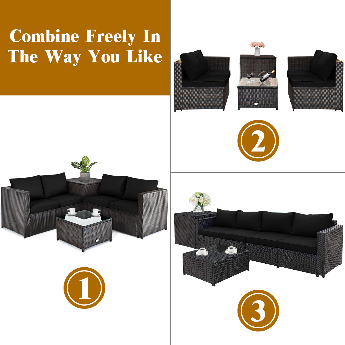 5-Piece Outdoor PE Wicker Loveseat Set with 50,000 BTU Ceramic Fire Pit, Coffee Table & Storage Box