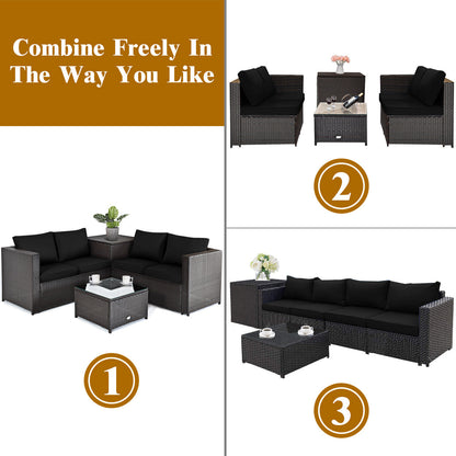 5-Piece Outdoor PE Wicker Loveseat Set with 50,000 BTU Ceramic Fire Pit, Coffee Table & Storage Box