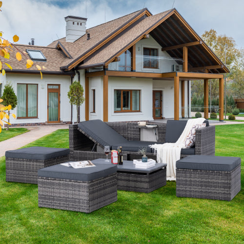 5-Piece Outdoor PE Wicker Conversation Set with Reclining Sofa & Lift-Top Table — Dark Gray