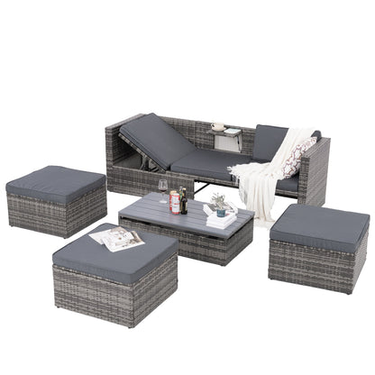5-Piece Outdoor PE Wicker Conversation Set with Reclining Sofa & Lift-Top Table — Dark Gray