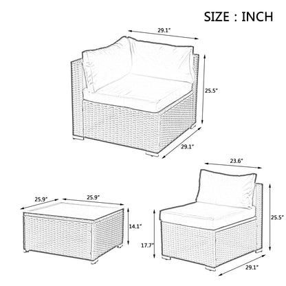 7-Piece Outdoor PE Rattan Sectional Set with Tempered Glass Table — Dark Gray