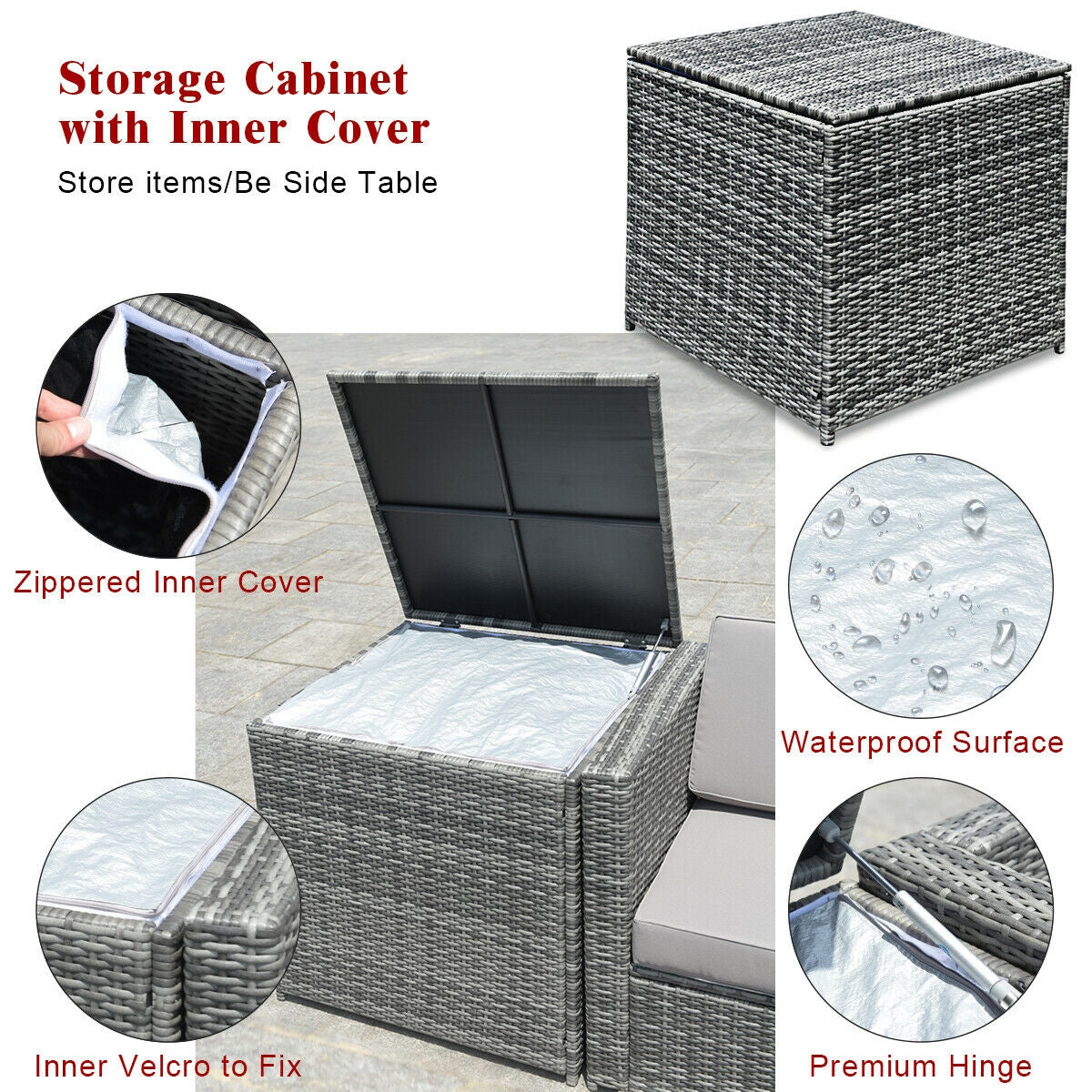 8-Piece Wicker Patio Conversation Set With Storage Cabinet and Glass Coffee Table