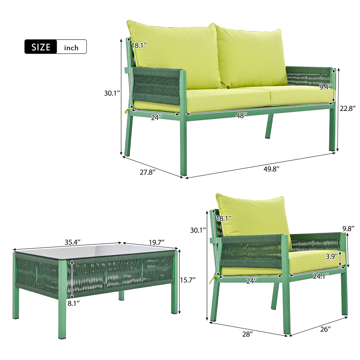 4-Piece Outdoor Rope Weave Deep Seating Set with Tempered Glass Table — Green & Yellow-Green