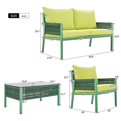 4-Piece Outdoor Rope Weave Deep Seating Set with Tempered Glass Table — Green & Yellow-Green