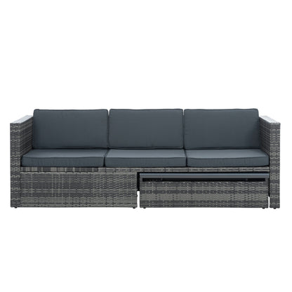 5-Piece Outdoor PE Wicker Conversation Set with Reclining Sofa & Lift-Top Table — Dark Gray