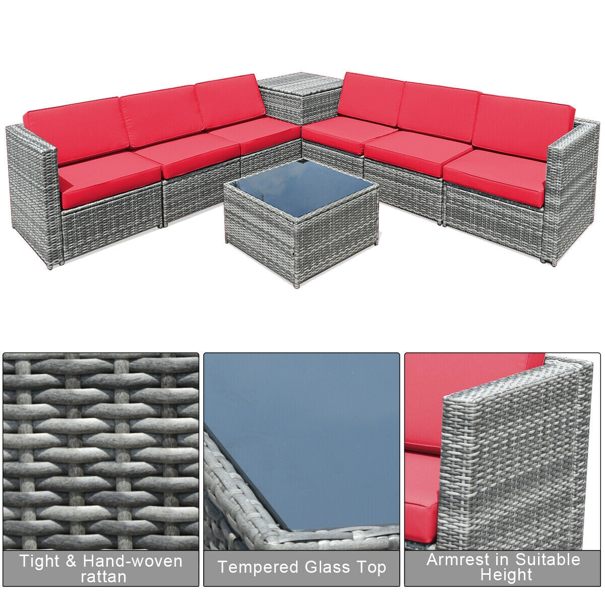 8-Piece Wicker Patio Conversation Set With Storage Cabinet and Glass Coffee Table
