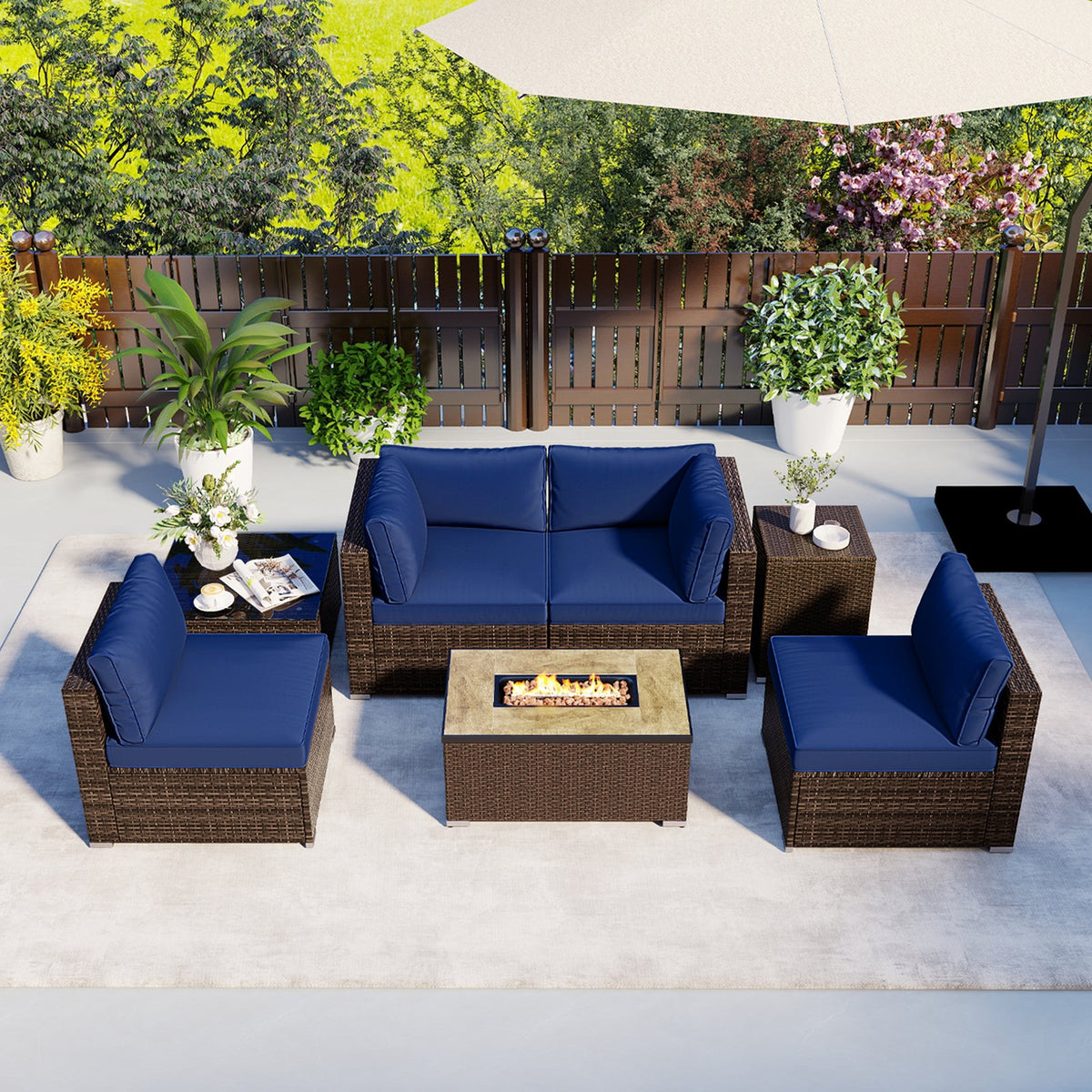 7-Piece Outdoor PE Rattan Sectional with ETL-Certified 40,000 BTU Propane Fire Pit Table