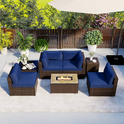 7-Piece Outdoor PE Rattan Sectional with ETL-Certified 40,000 BTU Propane Fire Pit Table