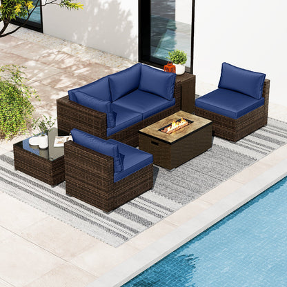 7-Piece Outdoor PE Rattan Sectional with ETL-Certified 40,000 BTU Propane Fire Pit Table