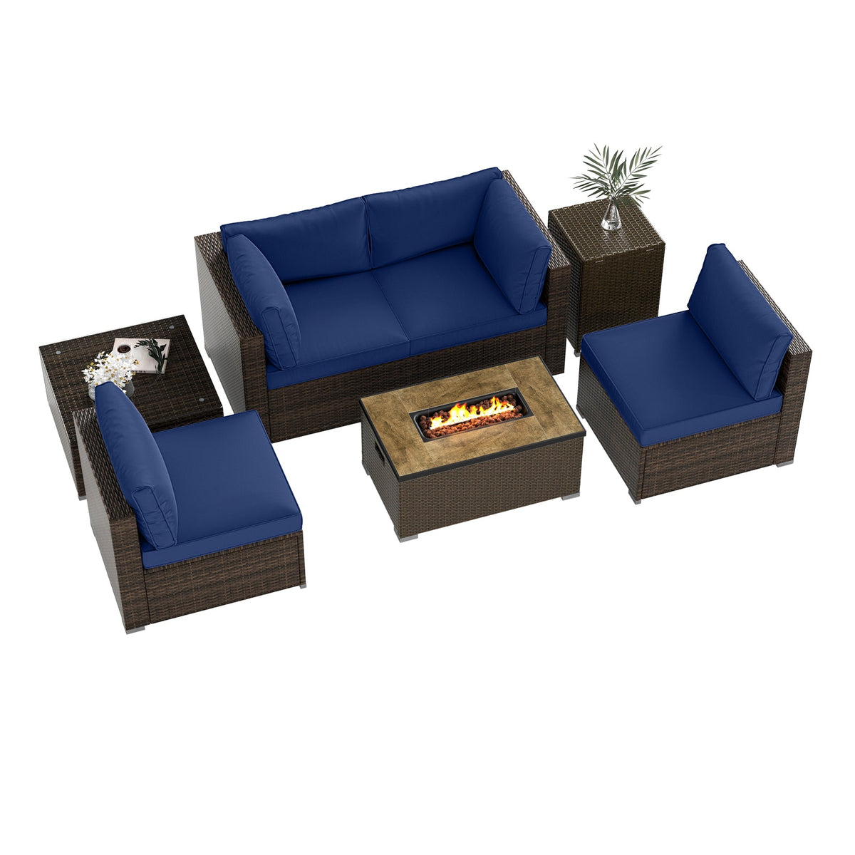 7-Piece Outdoor PE Rattan Sectional with ETL-Certified 40,000 BTU Propane Fire Pit Table
