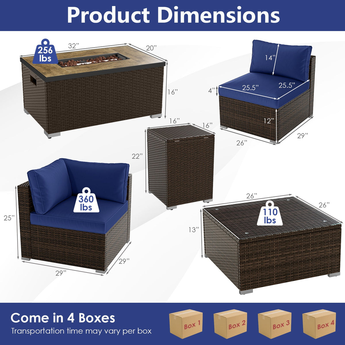 7-Piece Outdoor PE Rattan Sectional with ETL-Certified 40,000 BTU Propane Fire Pit Table