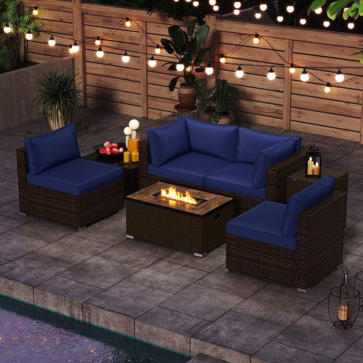 7-Piece Outdoor PE Rattan Sectional with ETL-Certified 40,000 BTU Propane Fire Pit Table