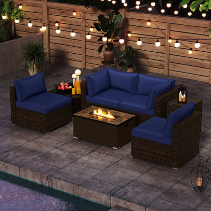 7-Piece Outdoor PE Rattan Sectional with ETL-Certified 40,000 BTU Propane Fire Pit Table