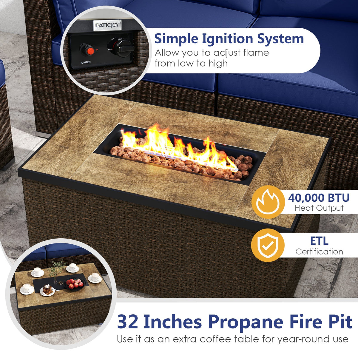7-Piece Outdoor PE Rattan Sectional with ETL-Certified 40,000 BTU Propane Fire Pit Table