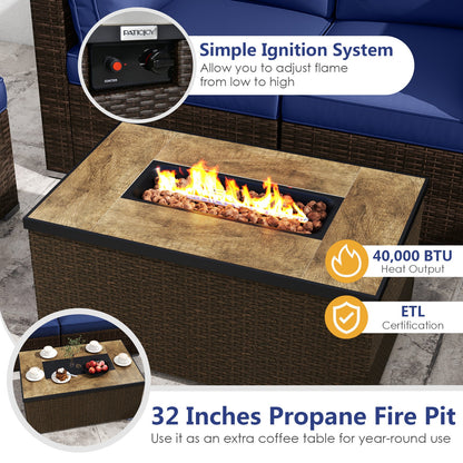 7-Piece Outdoor PE Rattan Sectional with ETL-Certified 40,000 BTU Propane Fire Pit Table