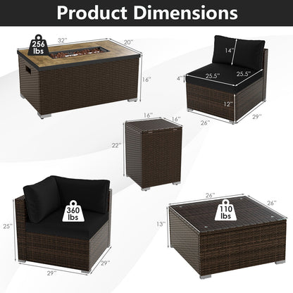 7-Piece Outdoor PE Rattan Sectional with ETL-Certified 40,000 BTU Propane Fire Pit Table