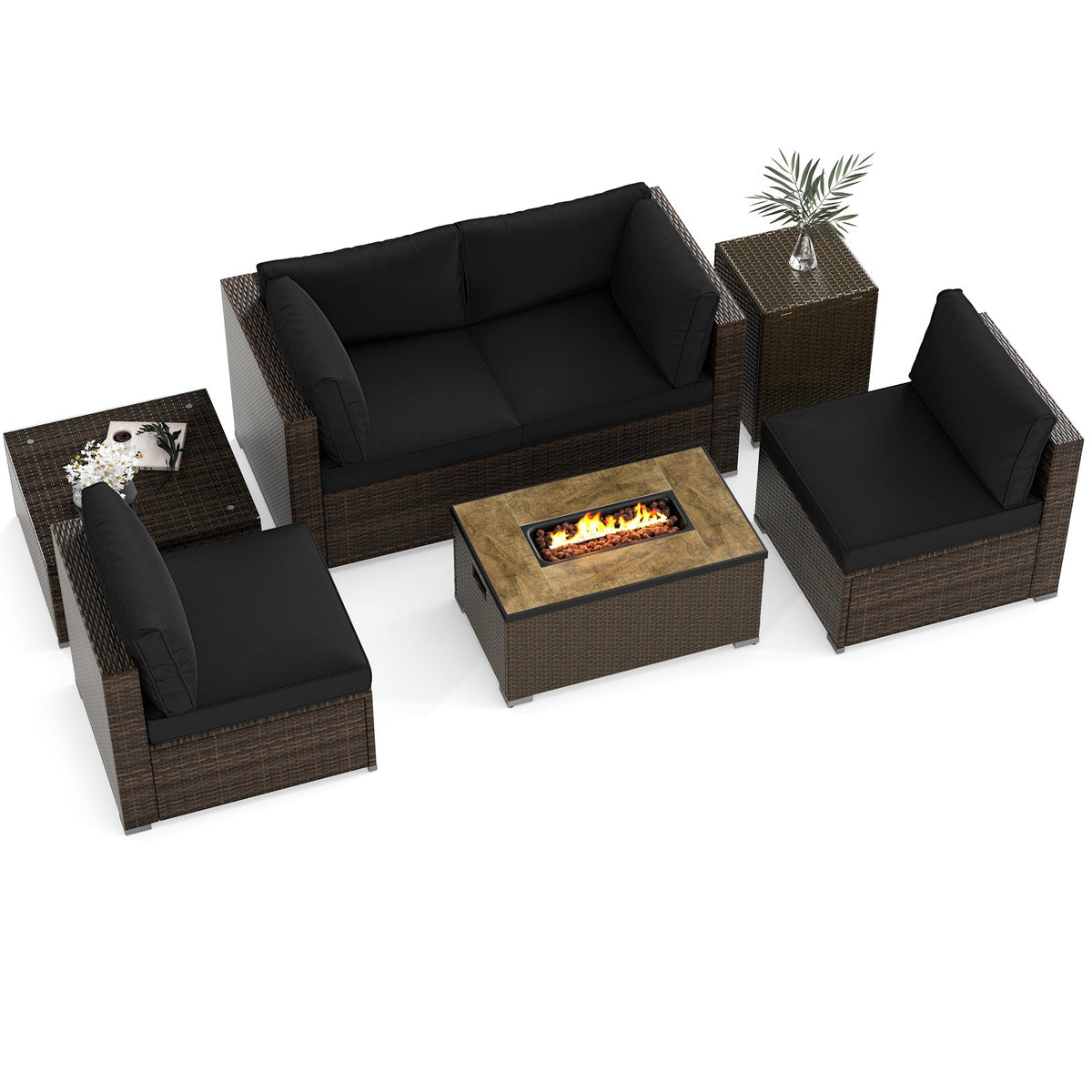 7-Piece Outdoor PE Rattan Sectional with ETL-Certified 40,000 BTU Propane Fire Pit Table
