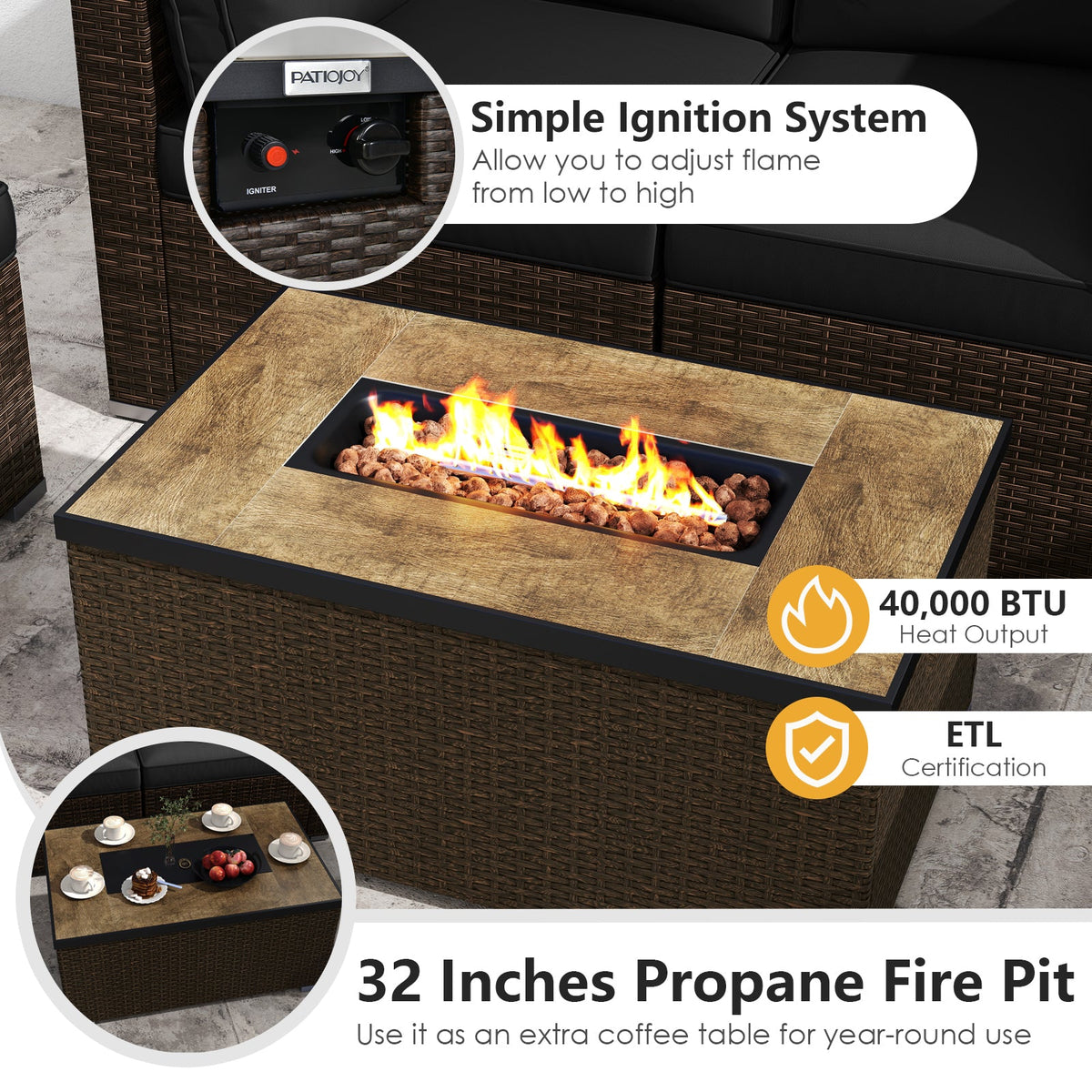 7-Piece Outdoor PE Rattan Sectional with ETL-Certified 40,000 BTU Propane Fire Pit Table