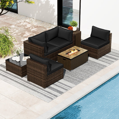 7-Piece Outdoor PE Rattan Sectional with ETL-Certified 40,000 BTU Propane Fire Pit Table
