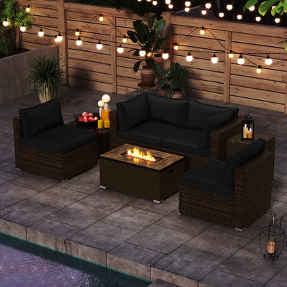 7-Piece Outdoor PE Rattan Sectional with ETL-Certified 40,000 BTU Propane Fire Pit Table