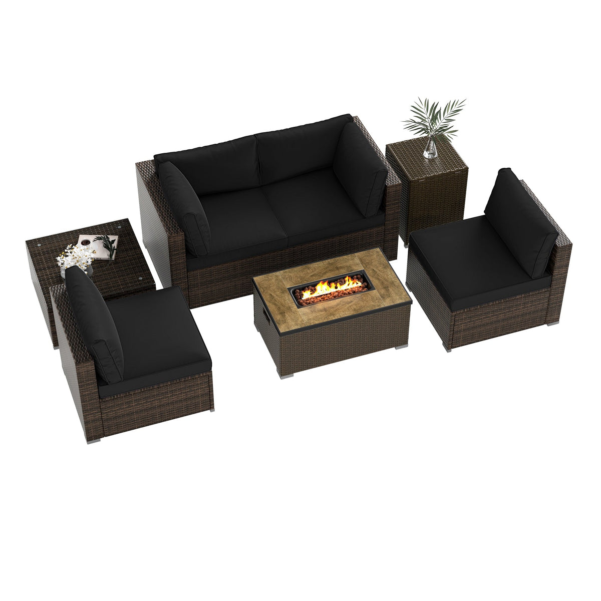 7-Piece Outdoor PE Rattan Sectional with ETL-Certified 40,000 BTU Propane Fire Pit Table