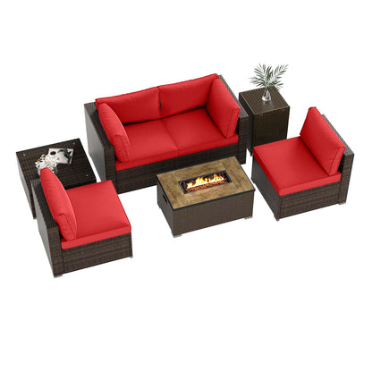 7-Piece Outdoor PE Rattan Sectional with ETL-Certified 40,000 BTU Propane Fire Pit Table