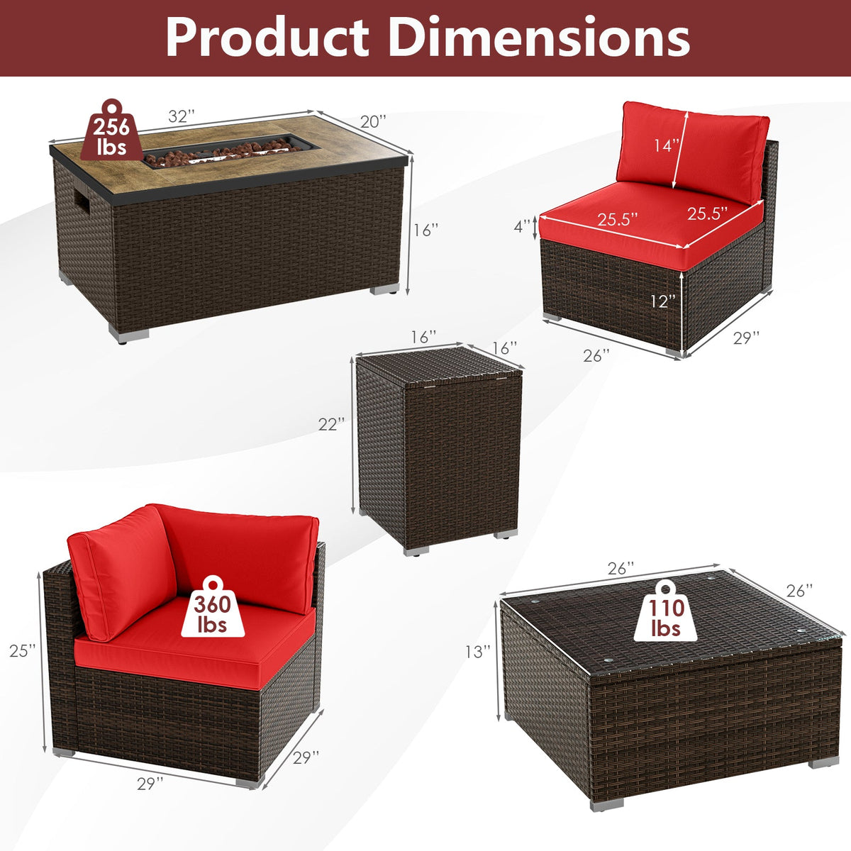 7-Piece Outdoor PE Rattan Sectional with ETL-Certified 40,000 BTU Propane Fire Pit Table