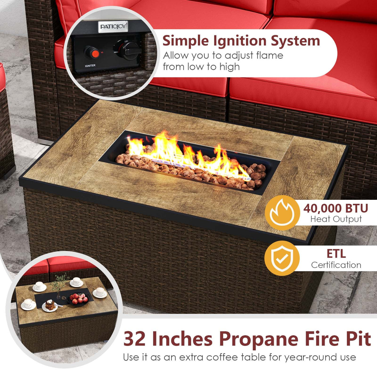 7-Piece Outdoor PE Rattan Sectional with ETL-Certified 40,000 BTU Propane Fire Pit Table