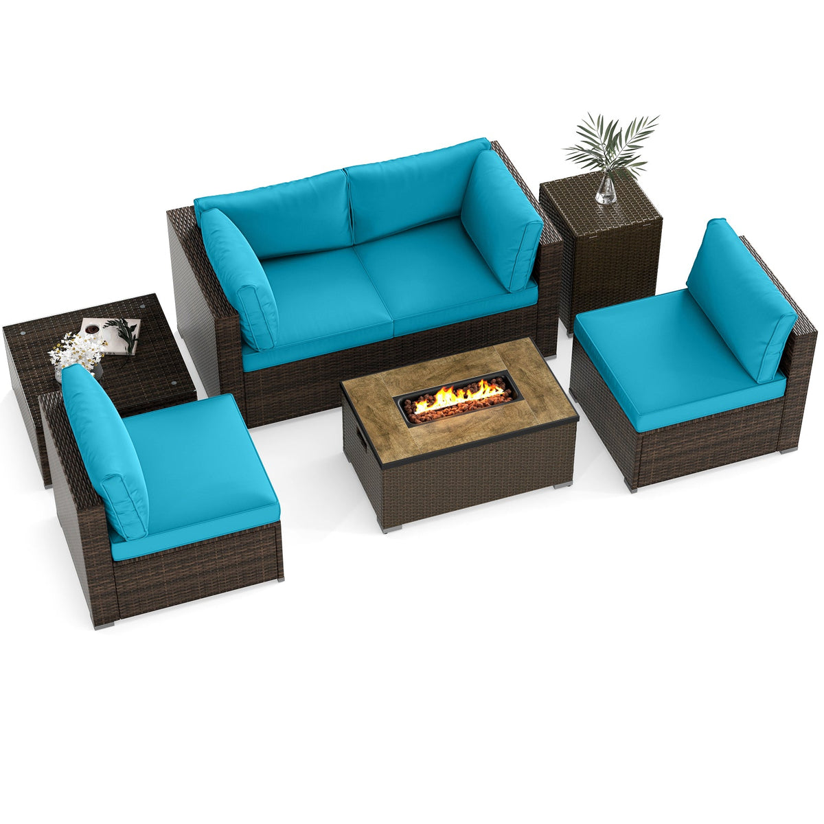 7-Piece Outdoor PE Rattan Sectional with ETL-Certified 40,000 BTU Propane Fire Pit Table