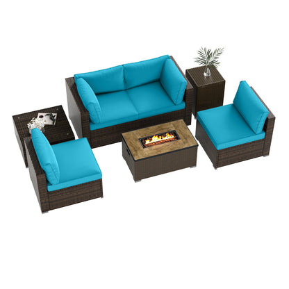 7-Piece Outdoor PE Rattan Sectional with ETL-Certified 40,000 BTU Propane Fire Pit Table