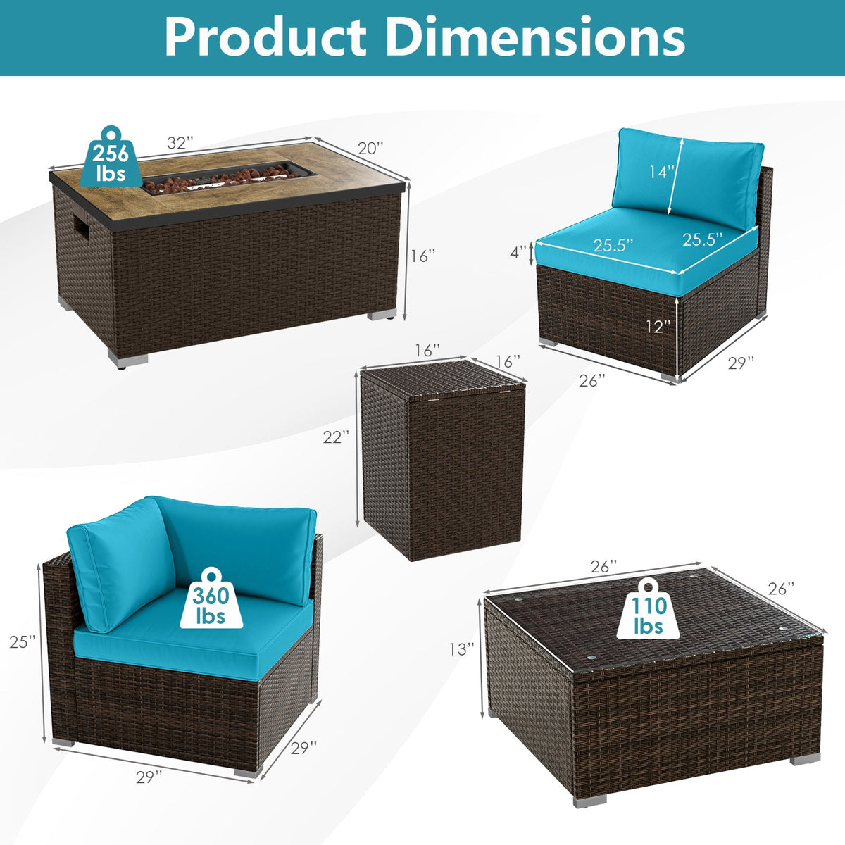 7-Piece Outdoor PE Rattan Sectional with ETL-Certified 40,000 BTU Propane Fire Pit Table