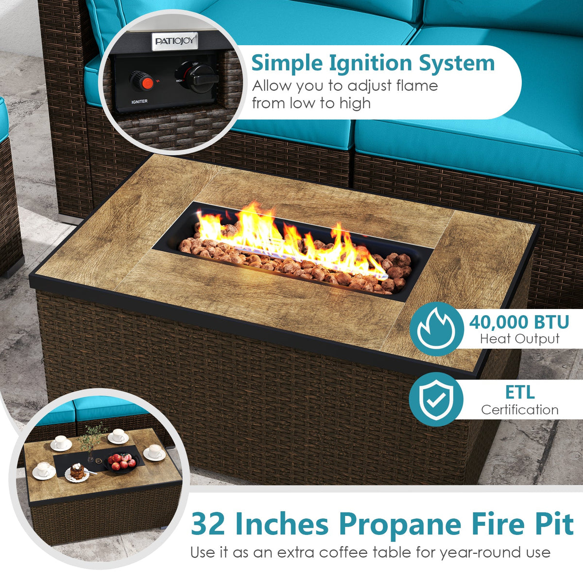 7-Piece Outdoor PE Rattan Sectional with ETL-Certified 40,000 BTU Propane Fire Pit Table