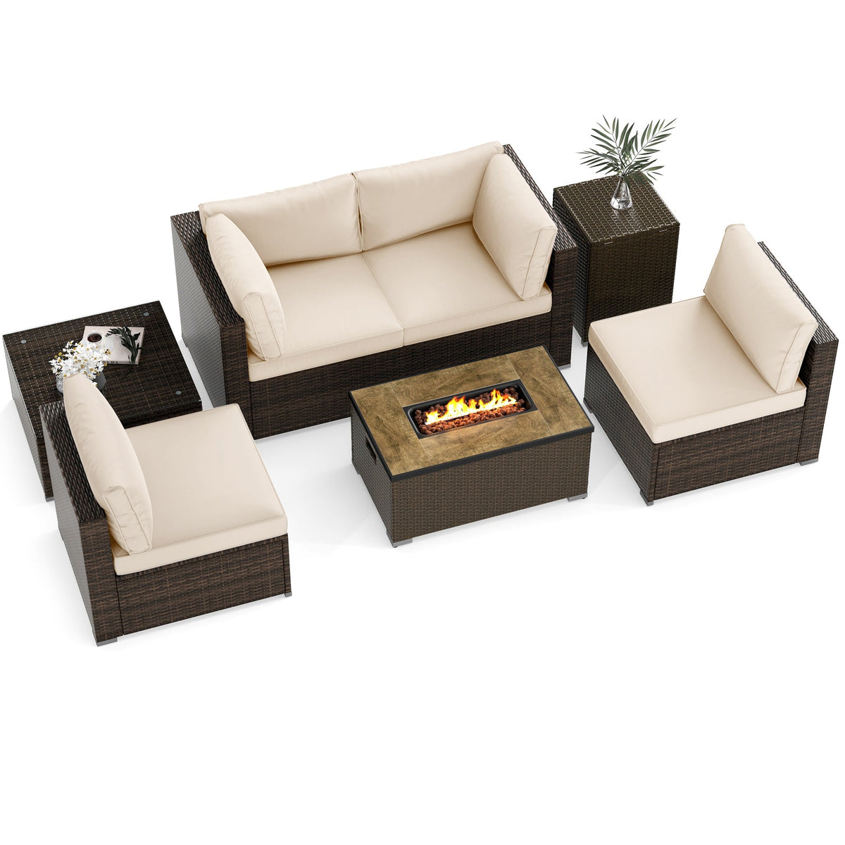 7-Piece Outdoor PE Rattan Sectional with ETL-Certified 40,000 BTU Propane Fire Pit Table