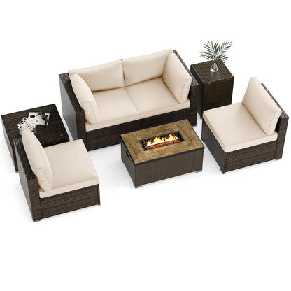 7-Piece Outdoor PE Rattan Sectional with ETL-Certified 40,000 BTU Propane Fire Pit Table