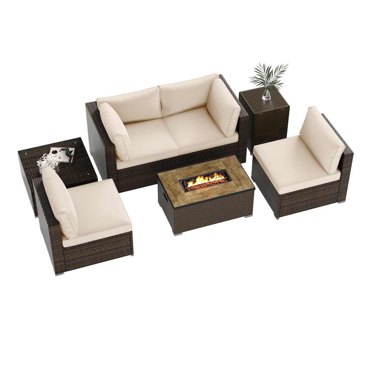 7-Piece Outdoor PE Rattan Sectional with ETL-Certified 40,000 BTU Propane Fire Pit Table