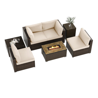 7-Piece Outdoor PE Rattan Sectional with ETL-Certified 40,000 BTU Propane Fire Pit Table