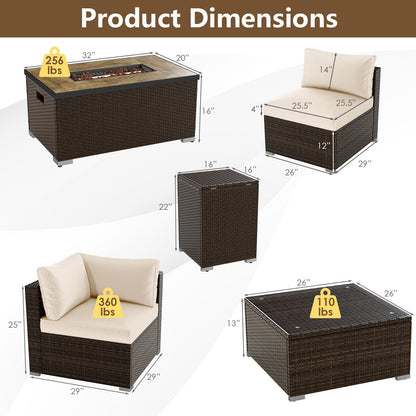 7-Piece Outdoor PE Rattan Sectional with ETL-Certified 40,000 BTU Propane Fire Pit Table