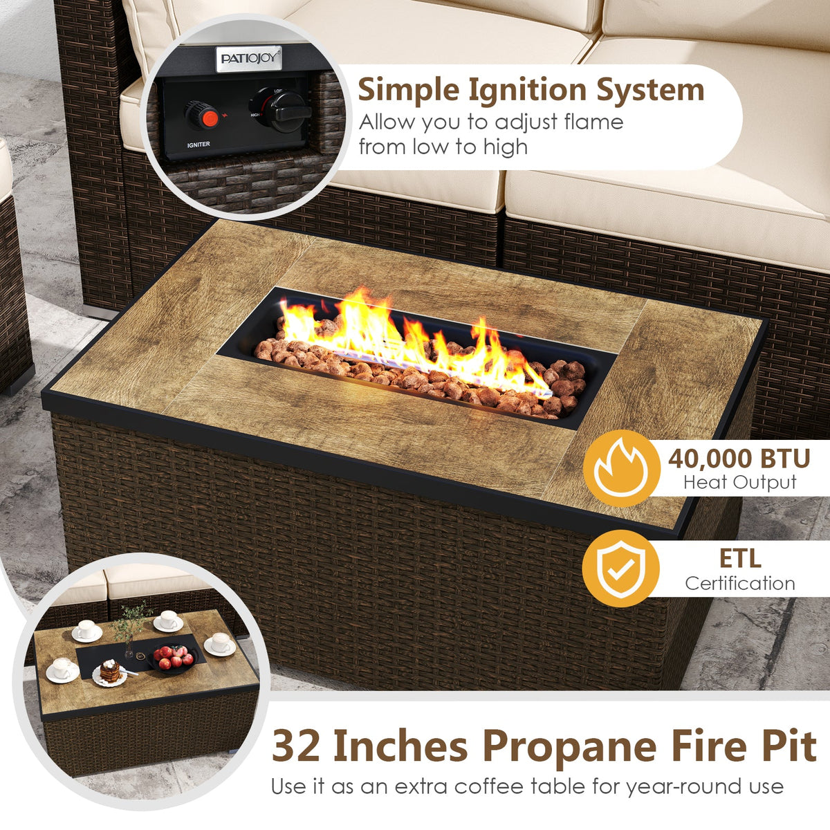 7-Piece Outdoor PE Rattan Sectional with ETL-Certified 40,000 BTU Propane Fire Pit Table