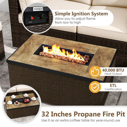 7-Piece Outdoor PE Rattan Sectional with ETL-Certified 40,000 BTU Propane Fire Pit Table