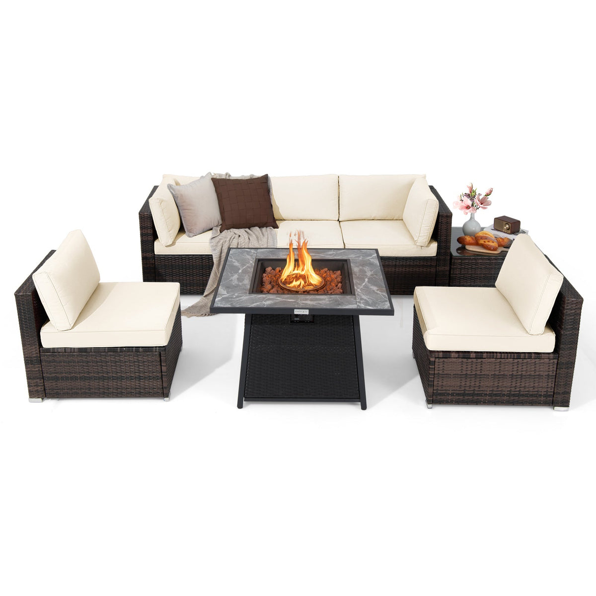 7-Piece Outdoor PE Wicker Patio Set with 35" 50,000 BTU Propane Fire Pit & Waterproof Cover