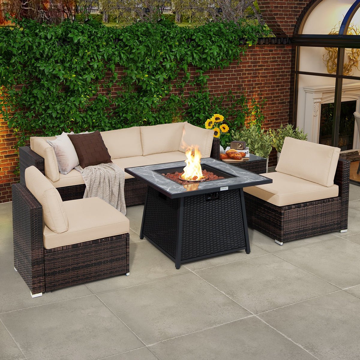7-Piece Outdoor PE Wicker Patio Set with 35" 50,000 BTU Propane Fire Pit & Waterproof Cover