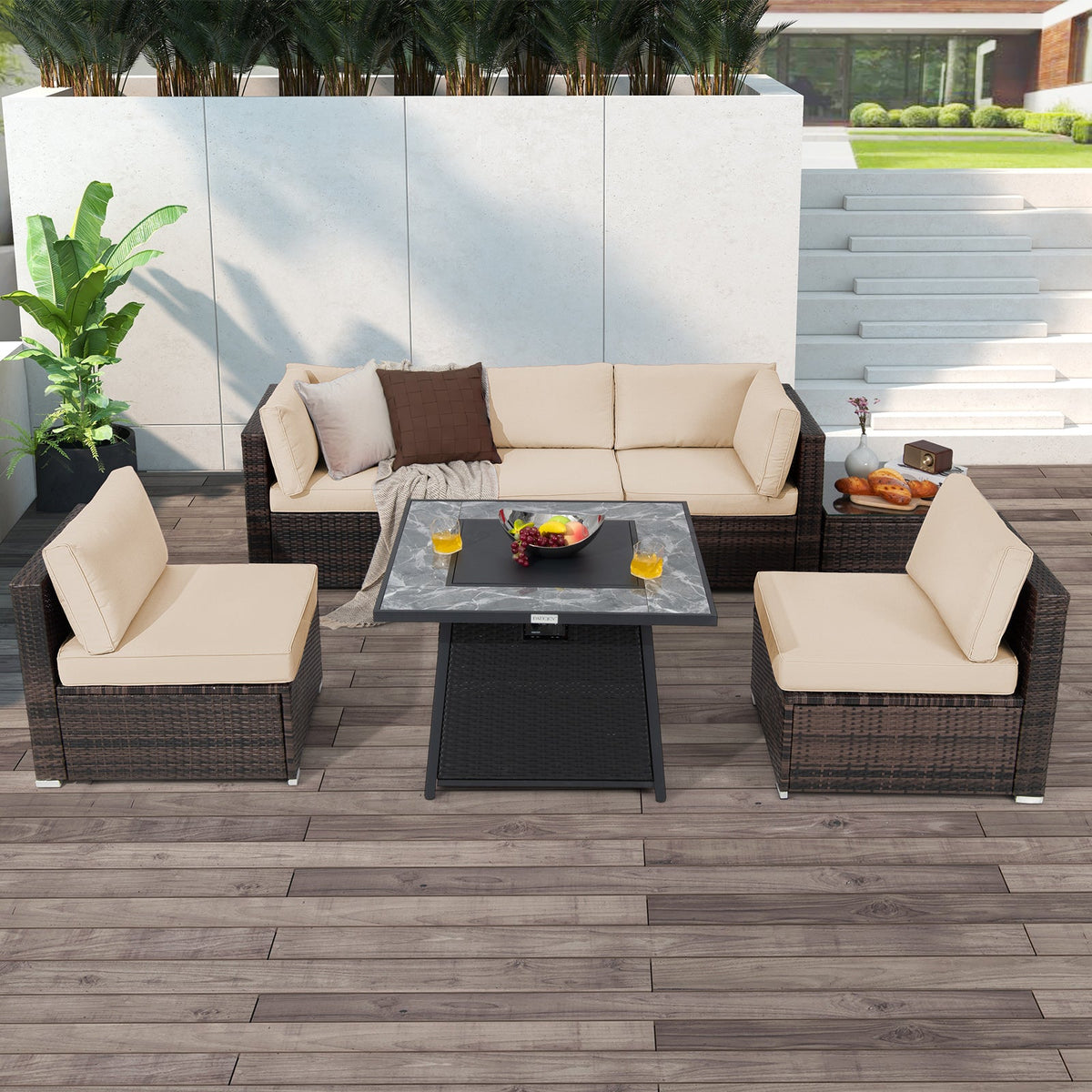 7-Piece Outdoor PE Wicker Patio Set with 35" 50,000 BTU Propane Fire Pit & Waterproof Cover