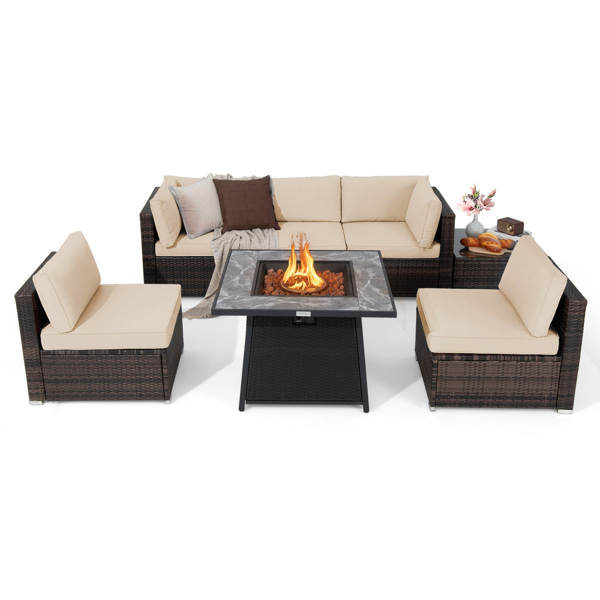 7-Piece Outdoor PE Wicker Patio Set with 35" 50,000 BTU Propane Fire Pit & Waterproof Cover